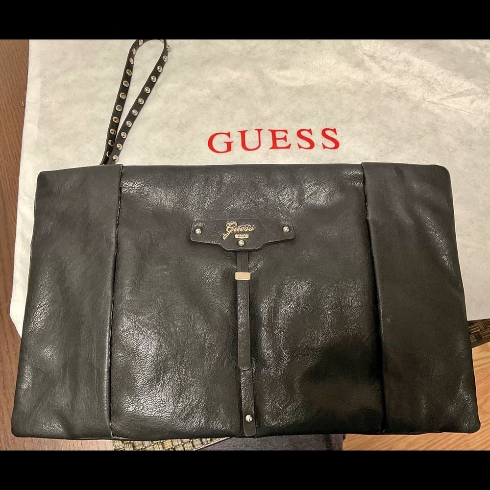 GUESS Black Leather Messenger Clutch with Logo Plate